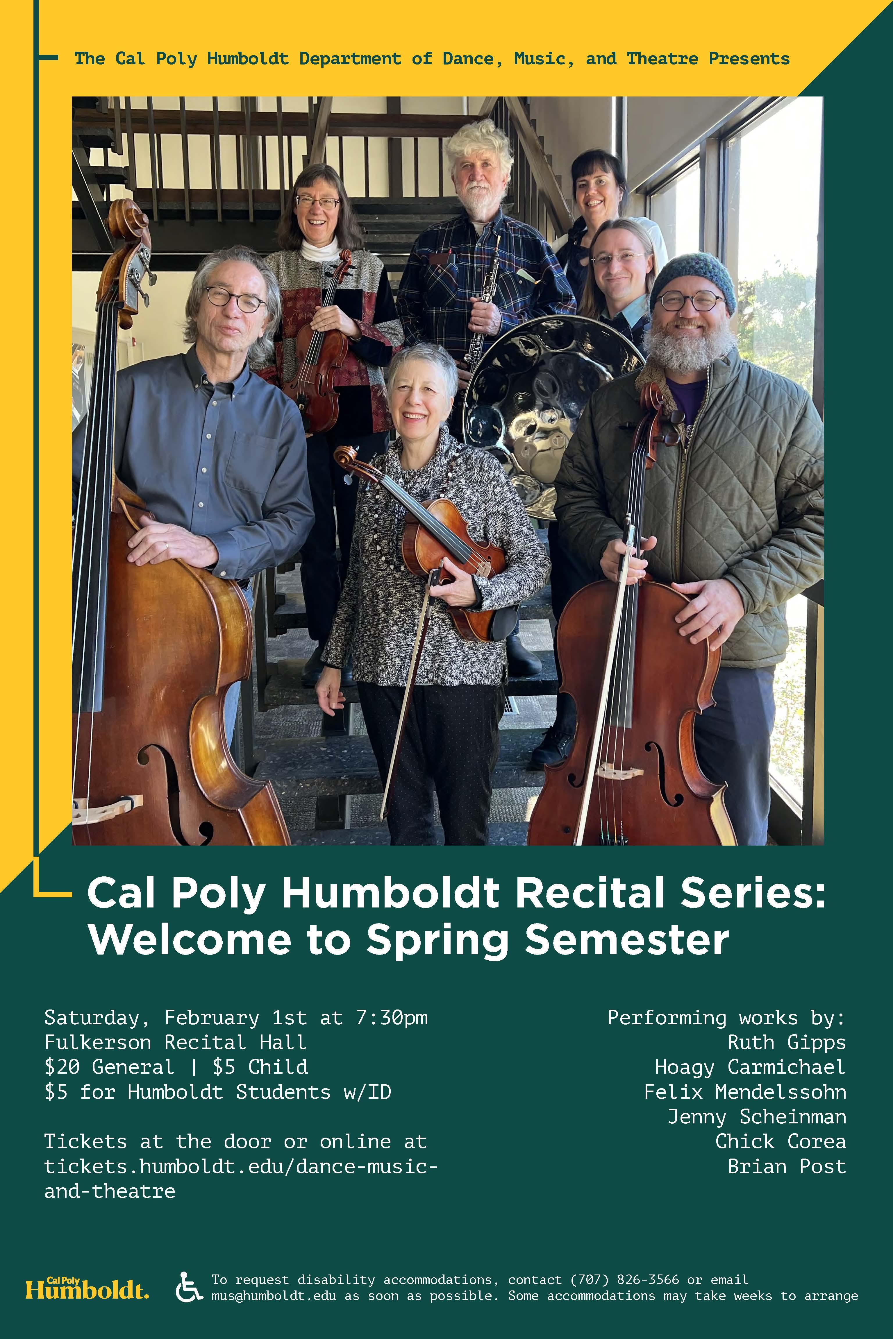 Cal Poly Humboldt Recital Series: Welcome to Spring Semester: Saturday February 1st at 7:30pm. $20 General, $5 Humboldt Students and Child